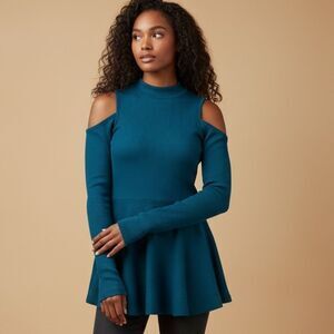 Free People Women's Blue Tunic Top M Mock Neck Cold Shoulder Casual Downtown Gir